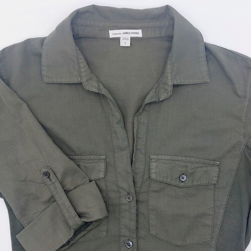 Standard James Perse Contrast Panel 3/4 Sleeve Cotton Shirt Women's 1 (S) Green